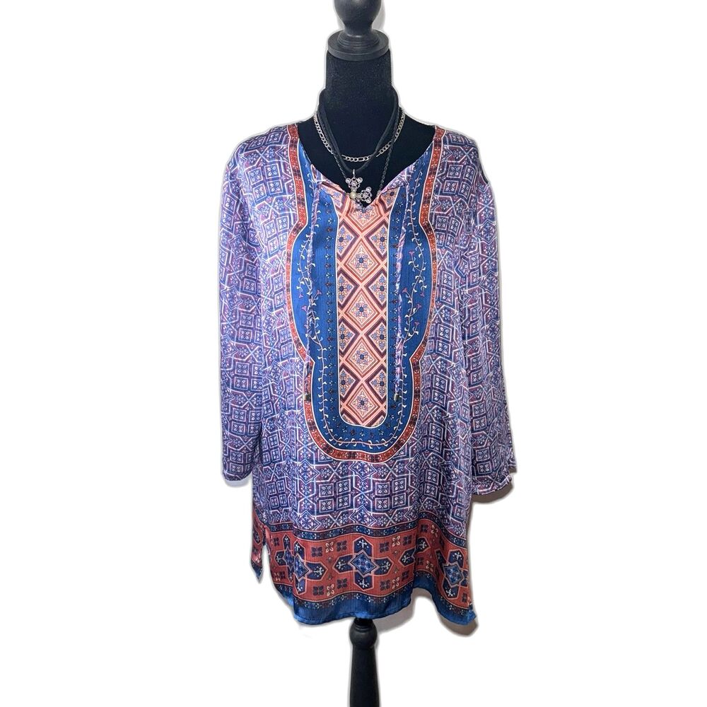 Rafaella Women’s Tunic Blouse XL Geometric Boho 3/4 Sleeves